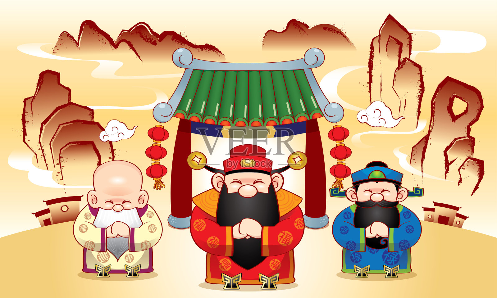 三个可爱的中国神和一个水墨画风格的背景。插画图片素材