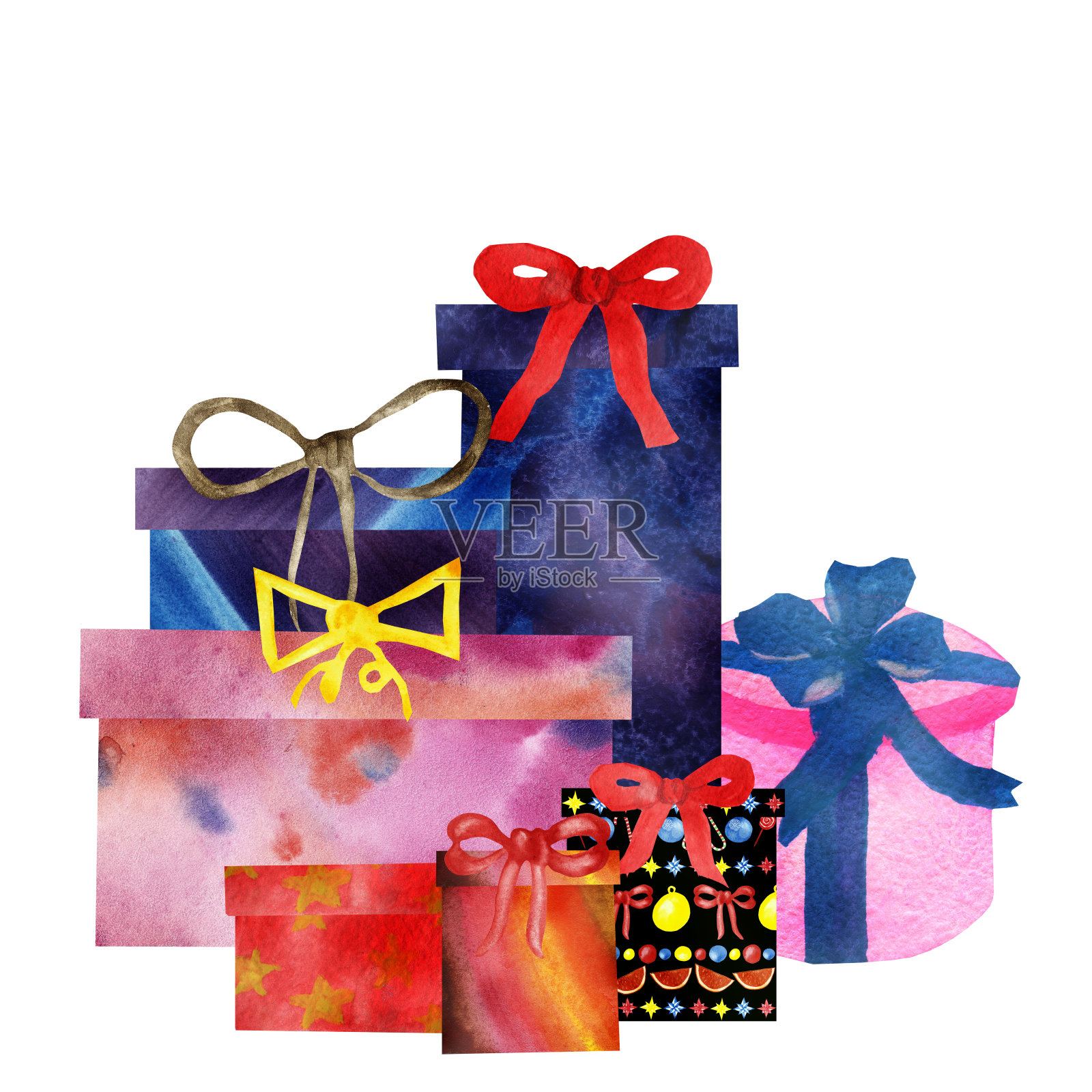 水彩手工绘制的节日庆祝礼物套装不同的蓝色，紫色，橙色，粉红色多色礼盒与弓收集在白色背景的生日，圣诞明信片插画图片素材