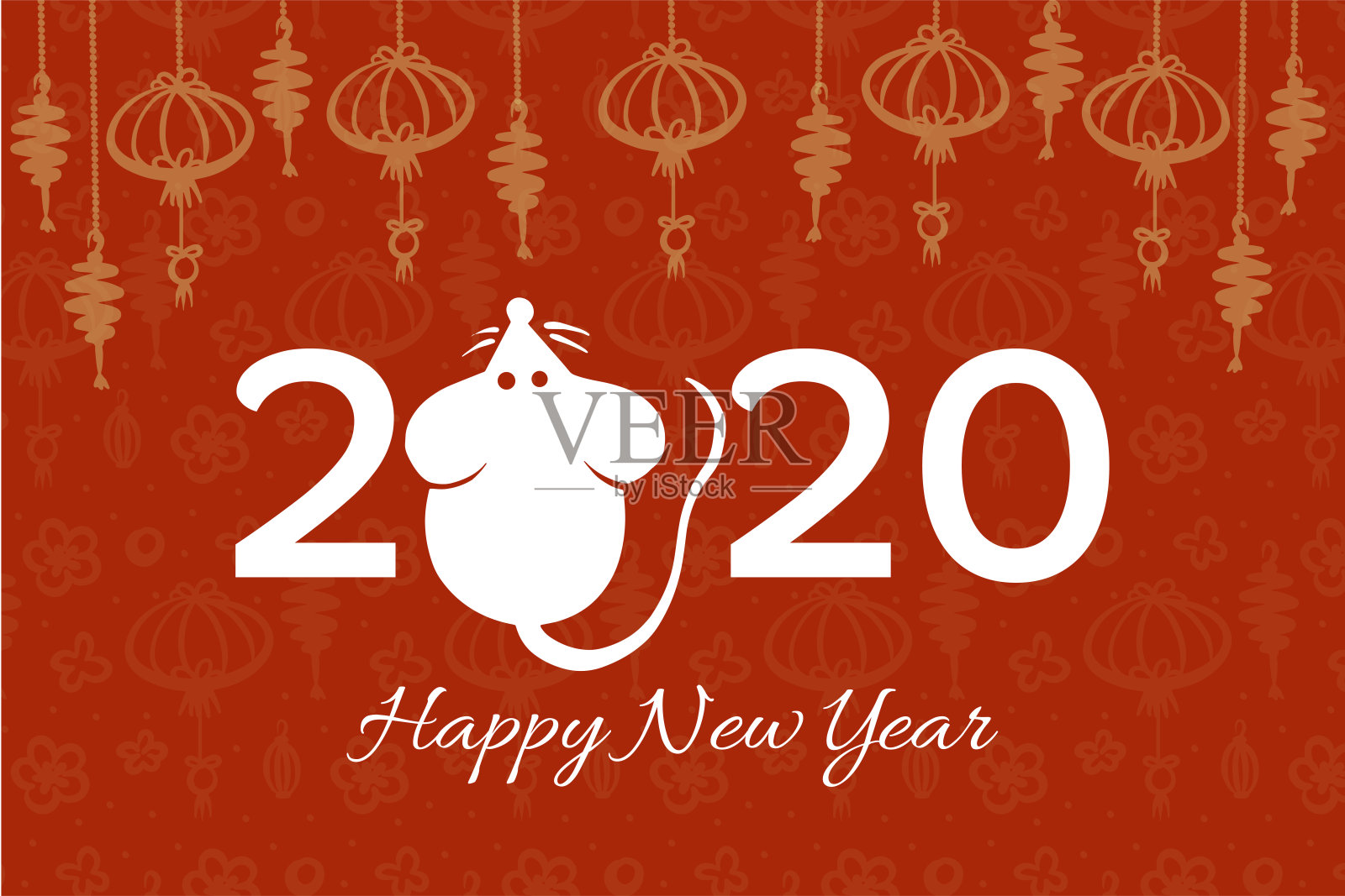 矢量中国新年贺卡与手绘鼠标和中国风格的闪光灯和动机图案在红色，插图为圣诞和新年设计，象征2020在中国历法设计模板素材
