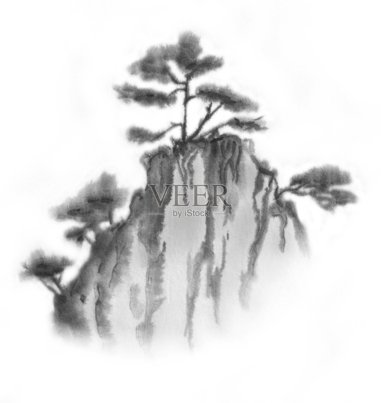 背景与山脉。墨山风景。山在雾中。山上有树。墨水的形象。插画图片素材
