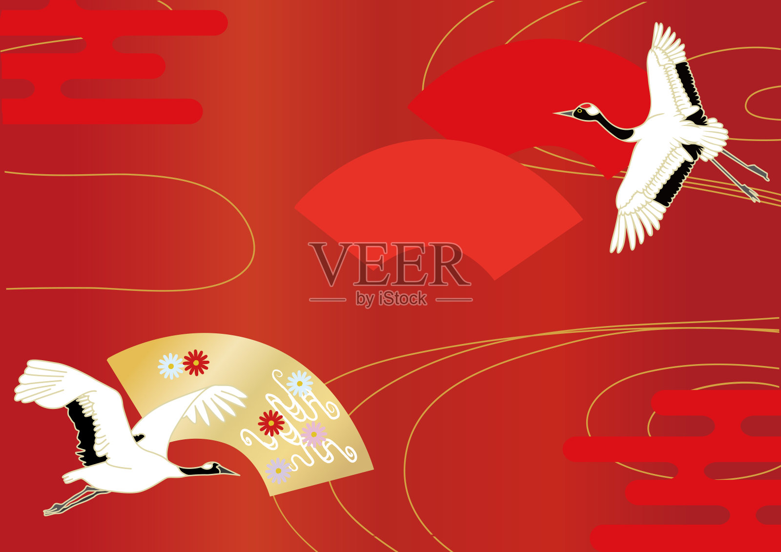 插图的庆祝形象的鹤，扇子和云。插画图片素材