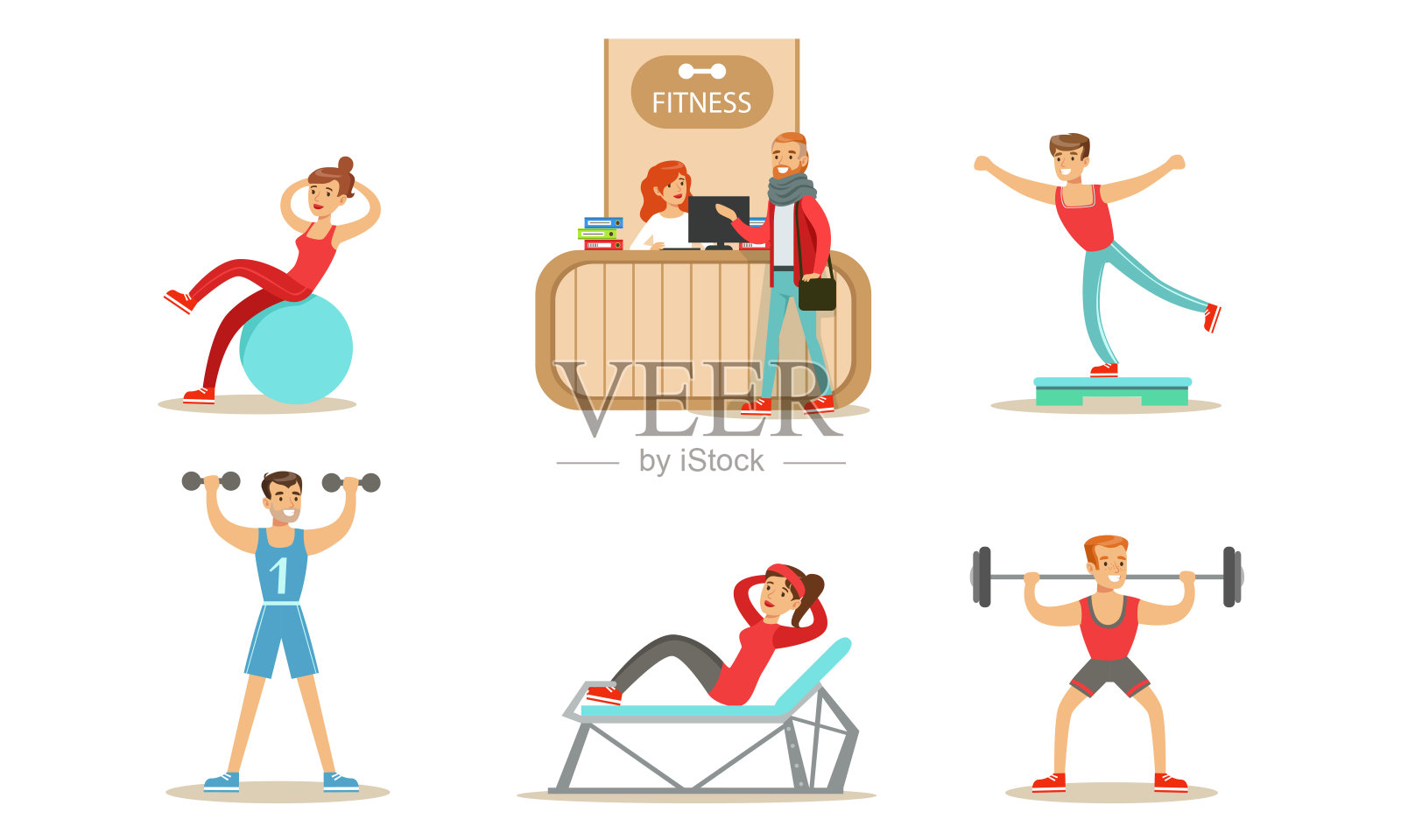 健身中心设置，人们锻炼在健身房与设备，健康的生活方式概念矢量插图插画图片素材
