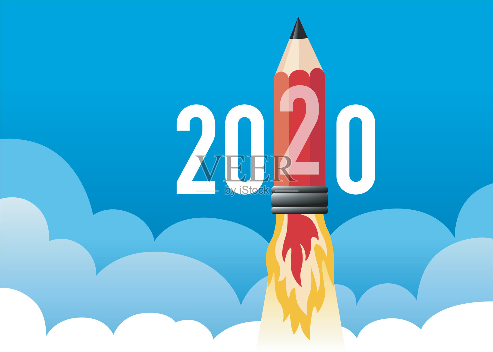 一个2020年贺卡的概念，显示一支火箭形状的铅笔。插画图片素材