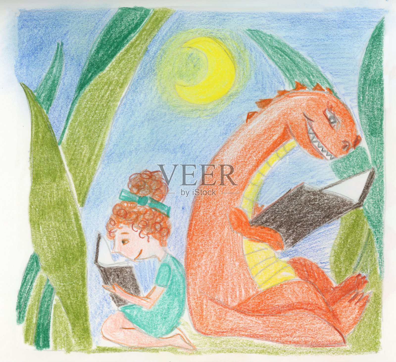 女孩和快乐的龙在晚上读故事书插画图片素材