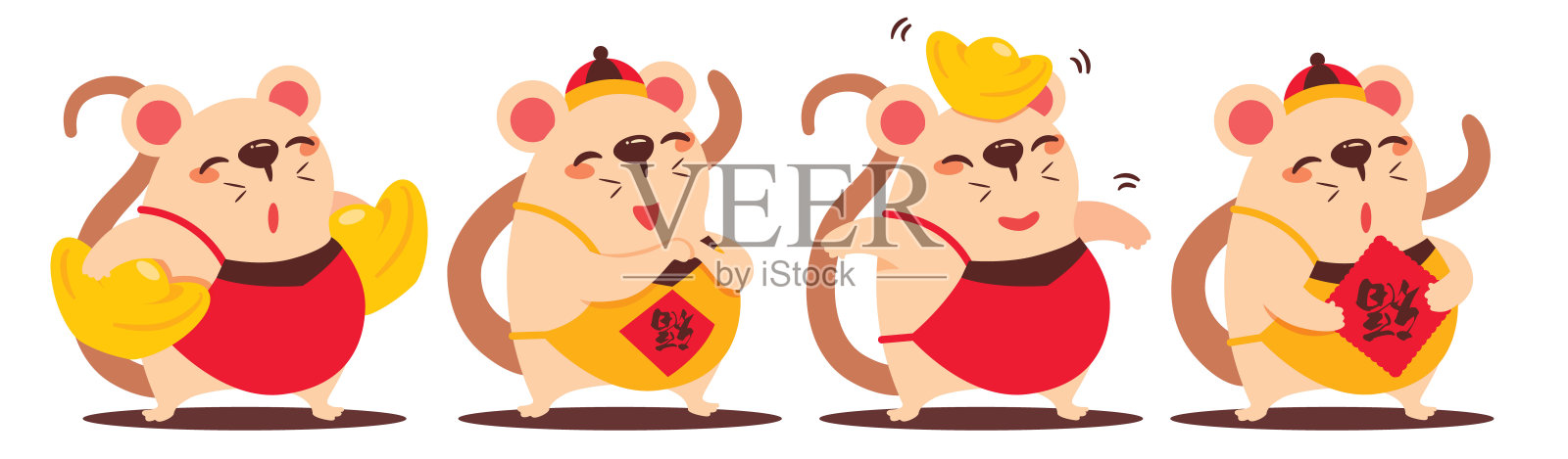 卡通可爱的老鼠吉祥物套装。卡通可爱的老鼠问候。可爱的老鼠持有中国金牌。可爱的老鼠拿着红色的书法纸。2020年中国新年。翻译:财富-矢量平面艺术插画图片素材