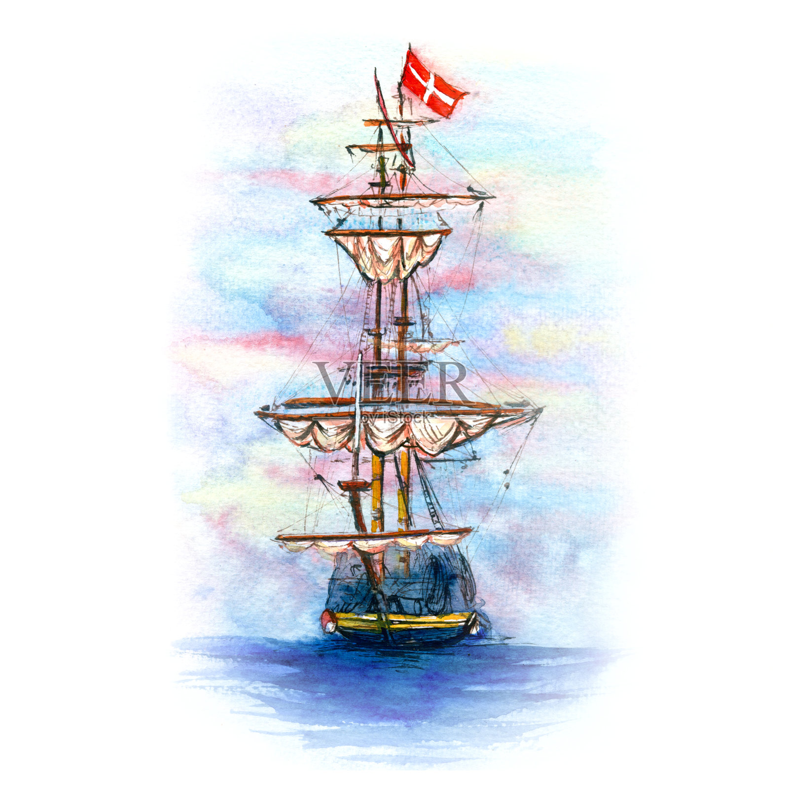 丹麦帆船的水彩画插画图片素材