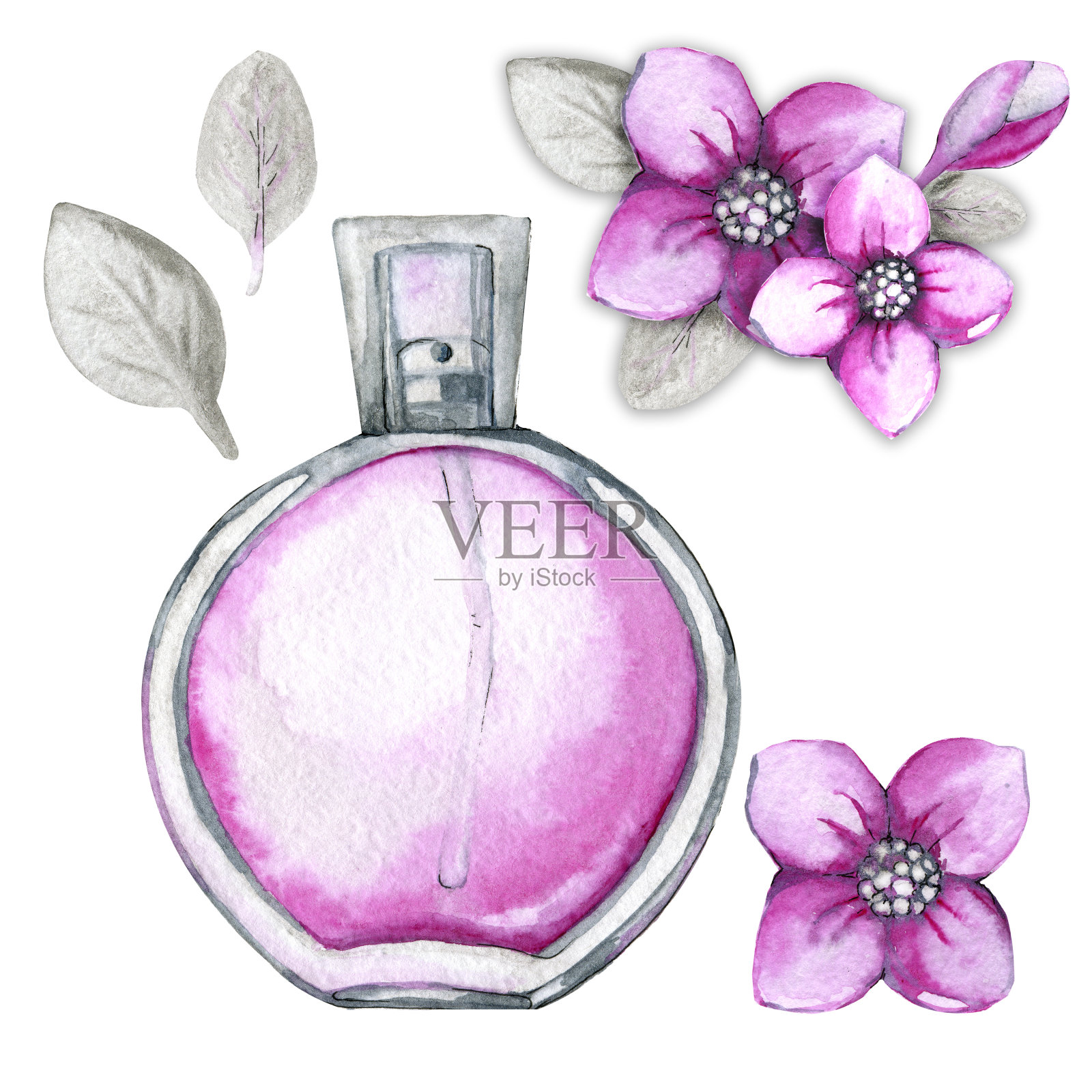 装有粉色女性香水和一束鲜花的玻璃瓶。手绘水彩插图，用于化妆品的设计。插画图片素材