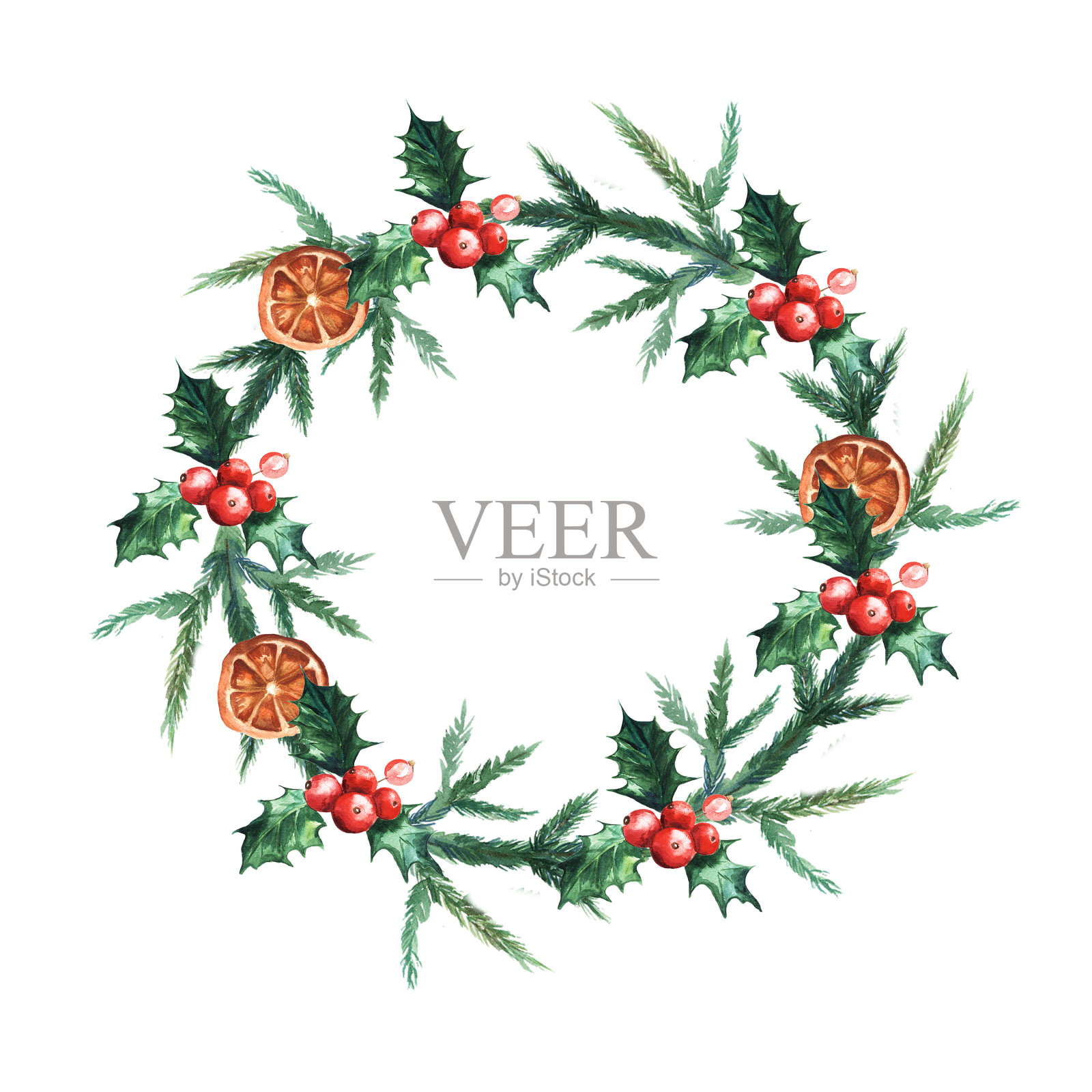 水彩圣诞花环，圣诞球，松果槲寄生和圣诞树的树枝插画图片素材