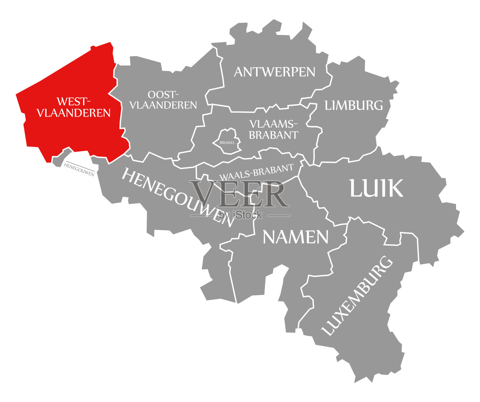 西佛兰德斯在比利时地图中用红色标出插画图片素材