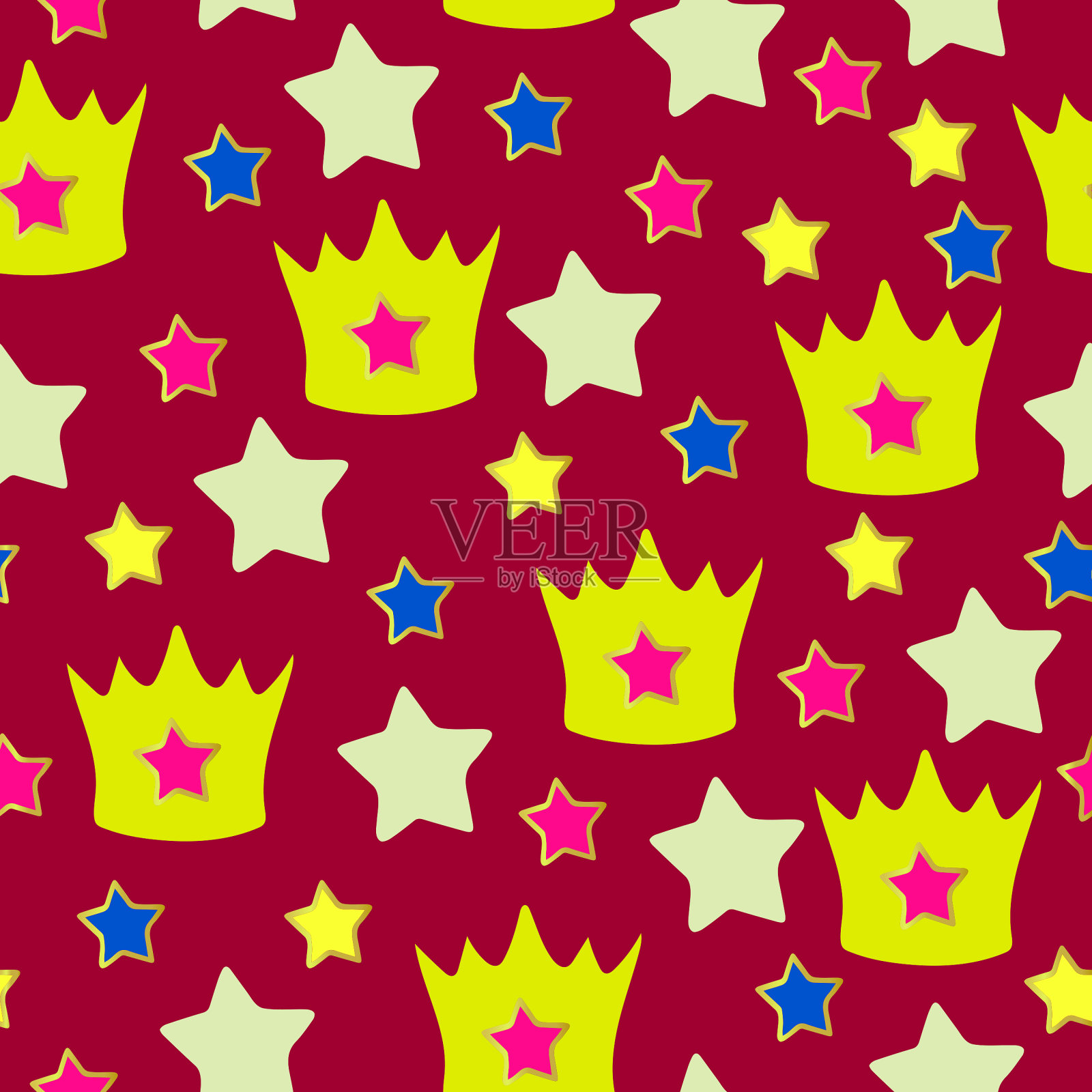 无缝矢量模式与皇冠和星星。少女公主的粉色壁纸。简单的包装纸设计。插画图片素材