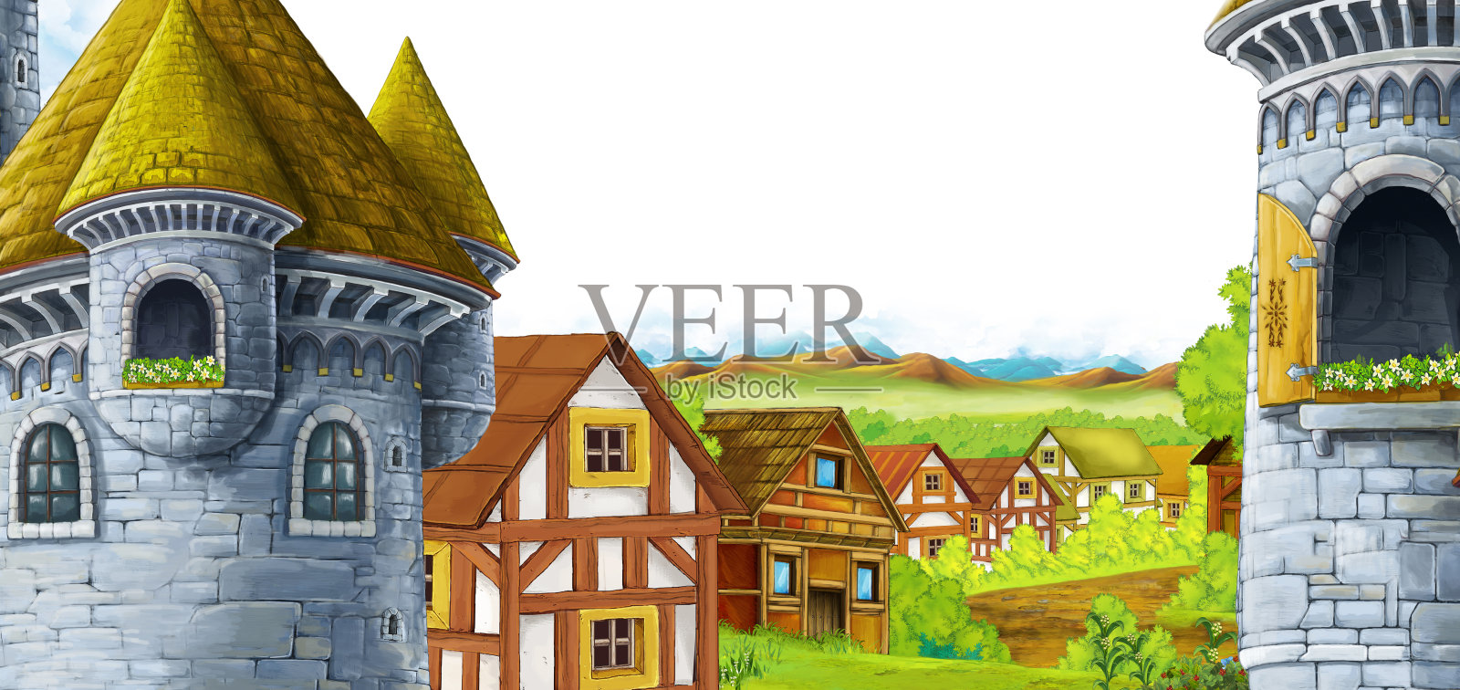 卡通场景与王国城堡和山谷附近的森林和农场村庄定居插画图片素材