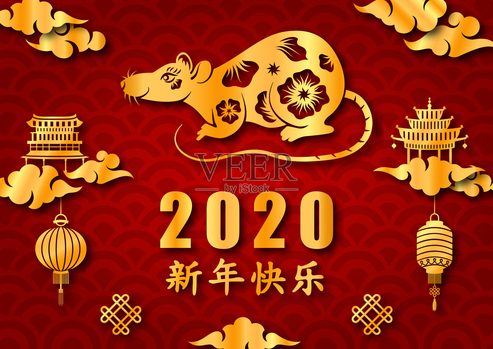 2020年中国新年，鼠性格，亚洲元素。新年快乐插画图片素材