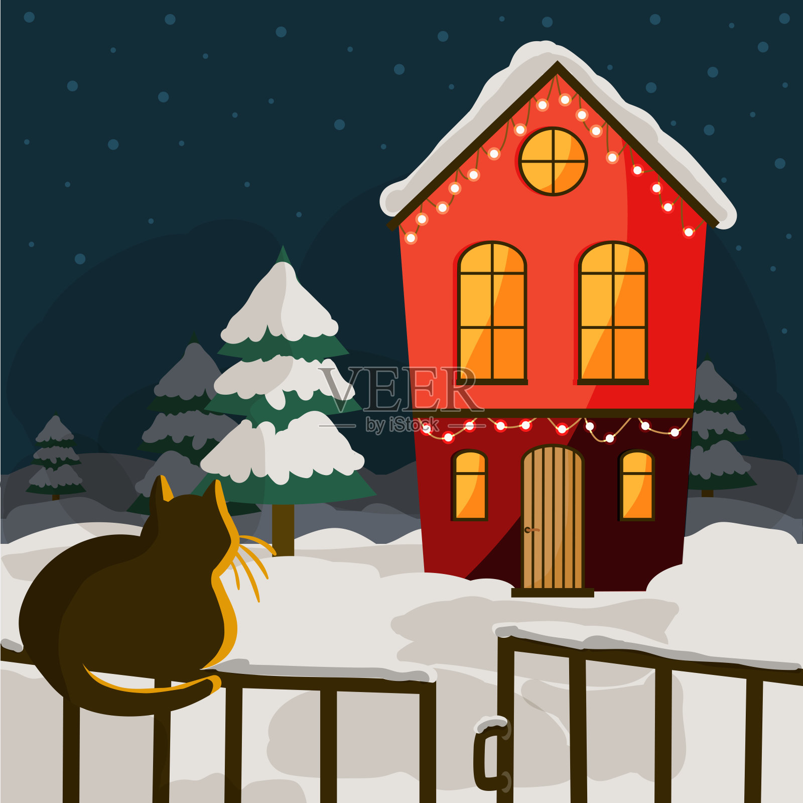 房子圣诞冬季花环雪矢量平面设计插图插画图片素材