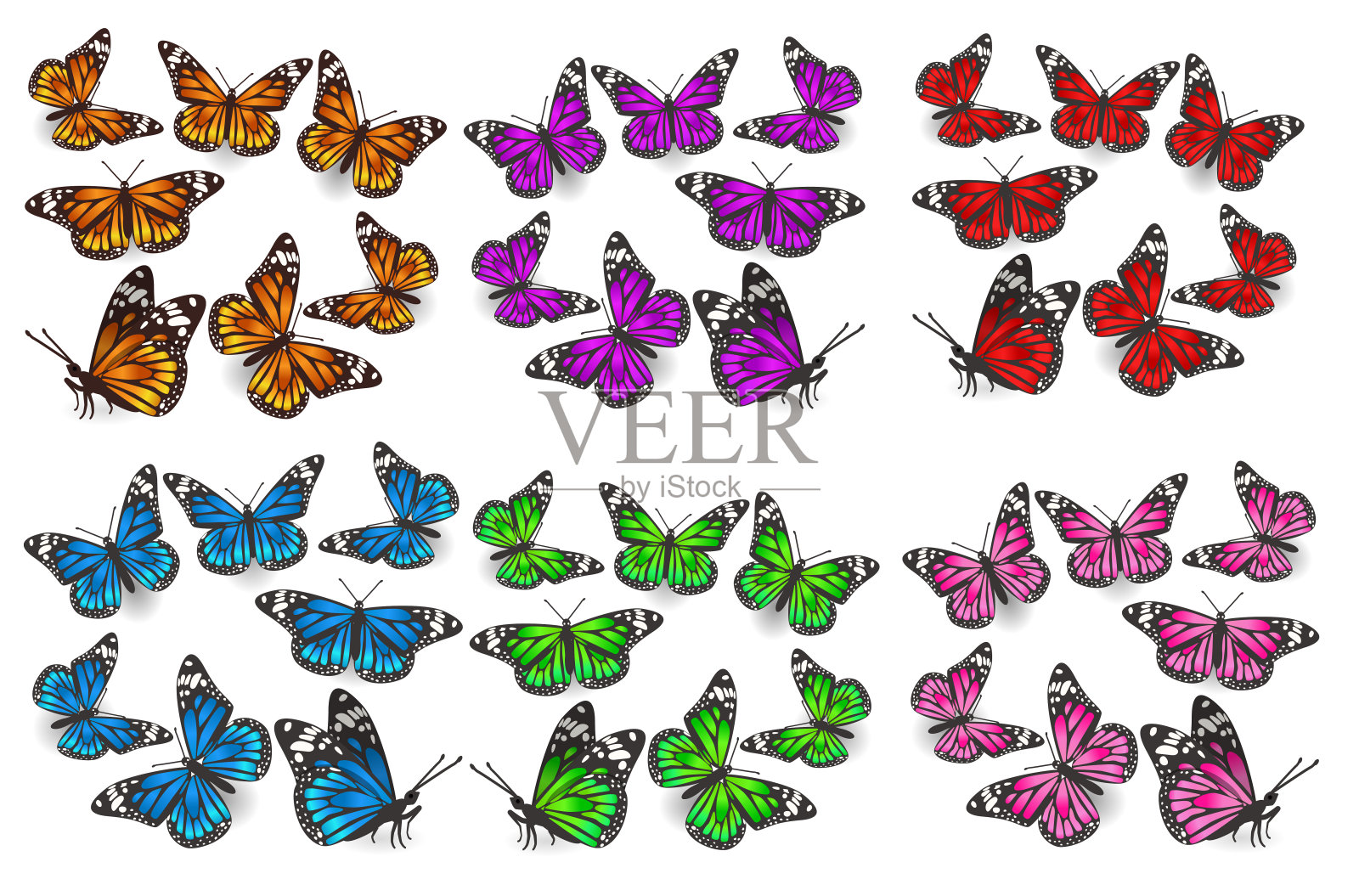 一大堆角度不同、颜色各异的蝴蝶，有绿、蓝、橙、红、粉、紫。设计元素。矢量图形。插画图片素材