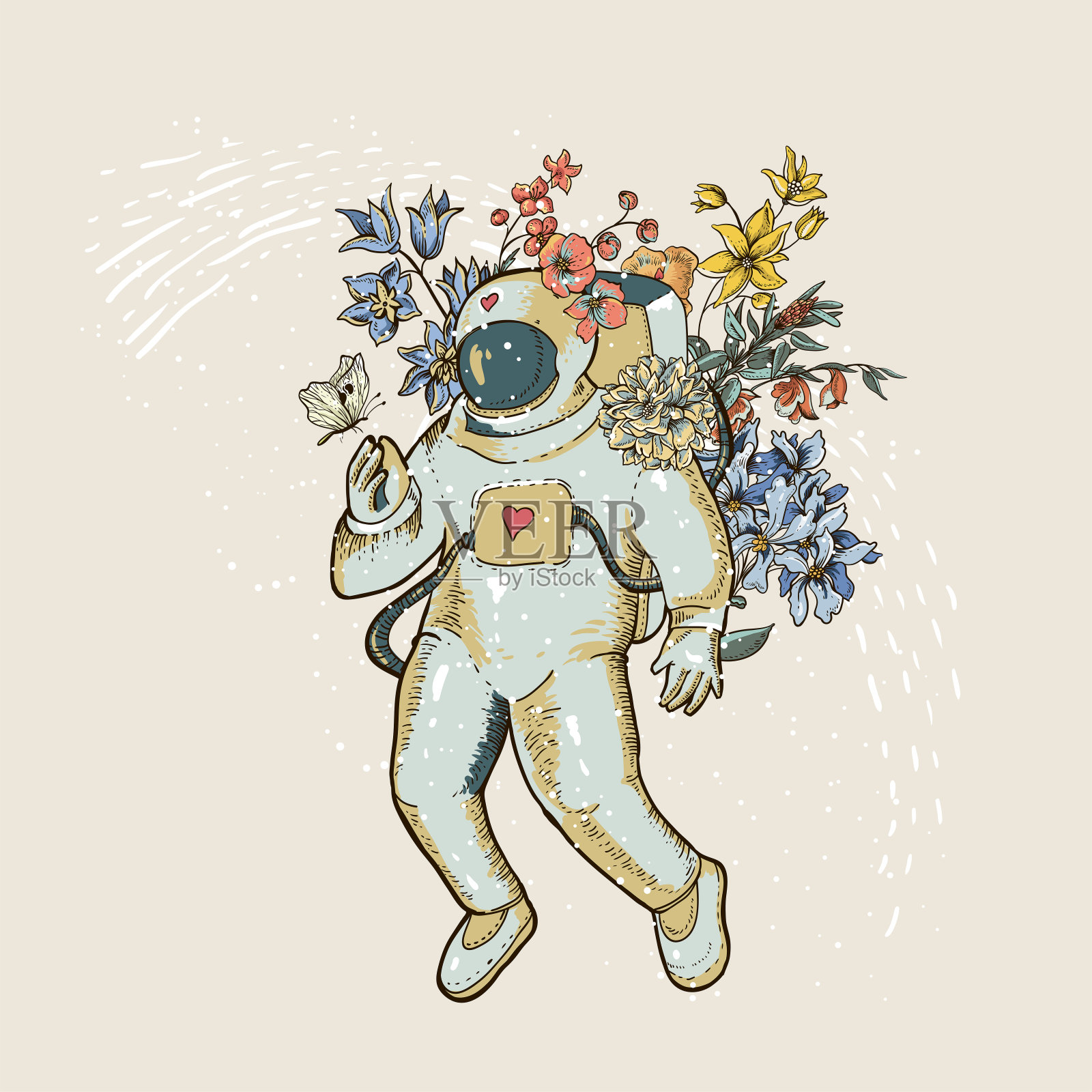 复古矢量宇航员插图与花。科幻小说，手绘空间，插画图片素材