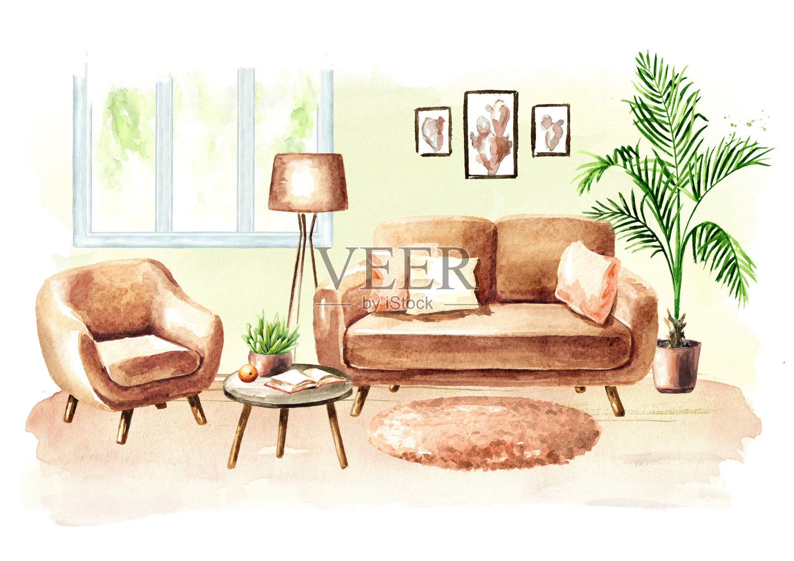 有沙发和家具的现代客厅。水彩手绘插图插画图片素材