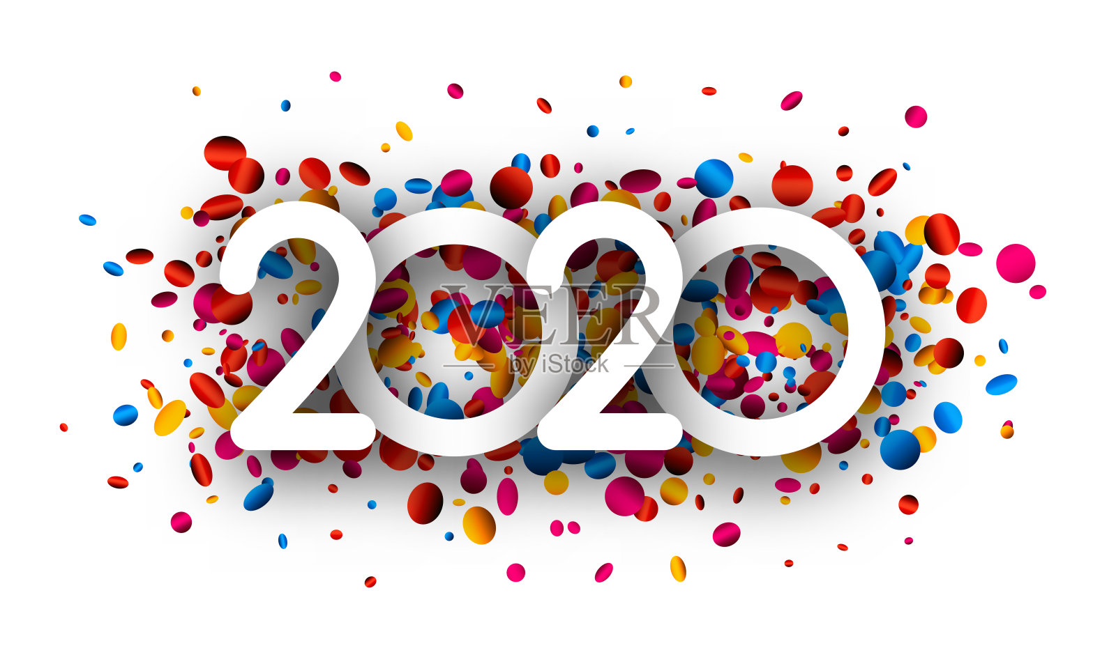 2020年的新年标志与彩色纸屑在白色的背景。插画图片素材