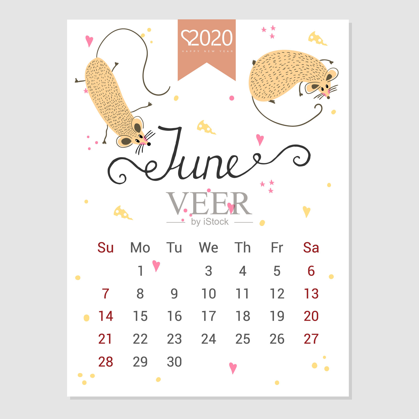 2020年6月的日历。可爱的月历与老鼠。手绘风格字符。鼠年。设计模板素材
