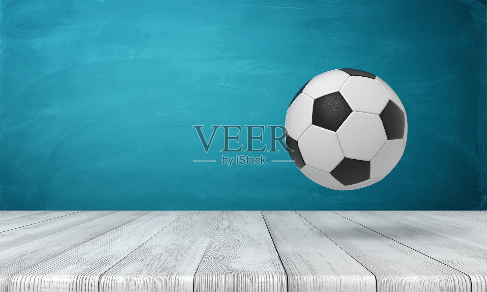 足球的3d渲染在白色的木地板和深色的绿松石背景照片摄影图片