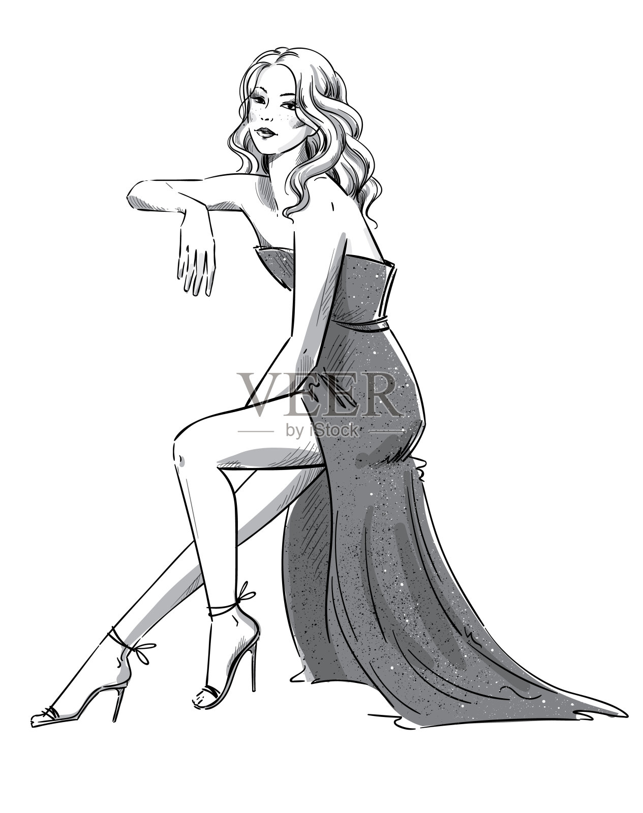 时尚插图的一个年轻女子在一件晚礼服坐设计元素图片