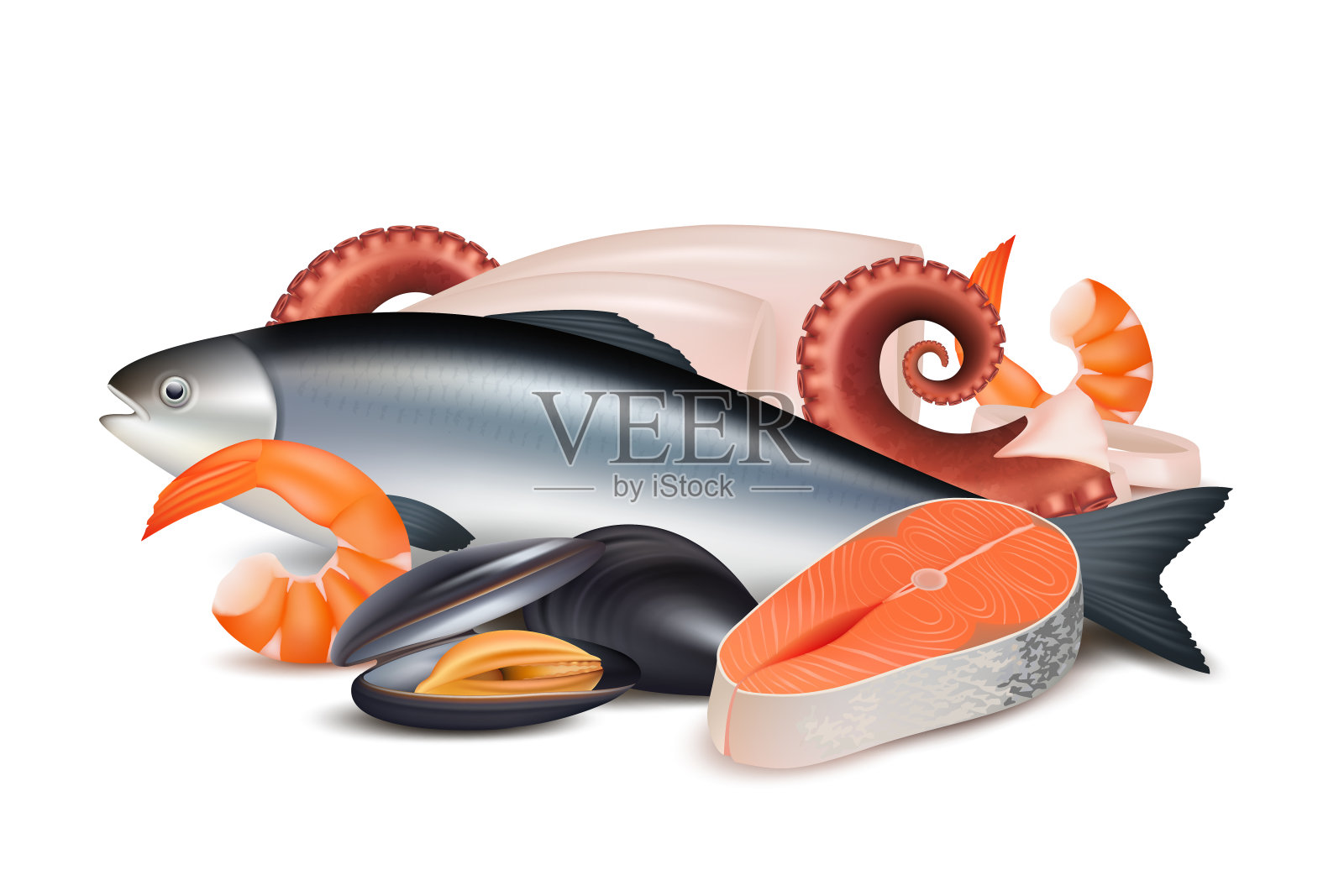 海鲜。组成不同的新鲜蛋白质食物鱼、章鱼、软体动物、龙虾矢量逼真的图片插画图片素材