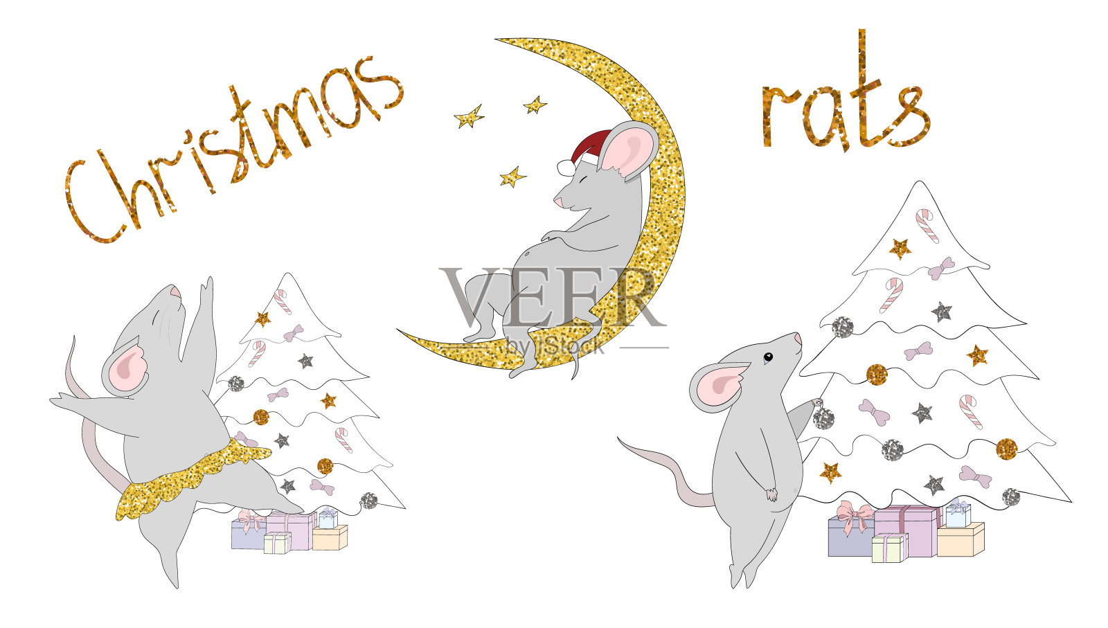 一套可爱的新年老鼠装饰圣诞树，跳舞和睡觉的月亮与金青铜和银闪闪。铭文圣诞老鼠。设计圣诞贺卡。矢量手绘插图。插画图片素材