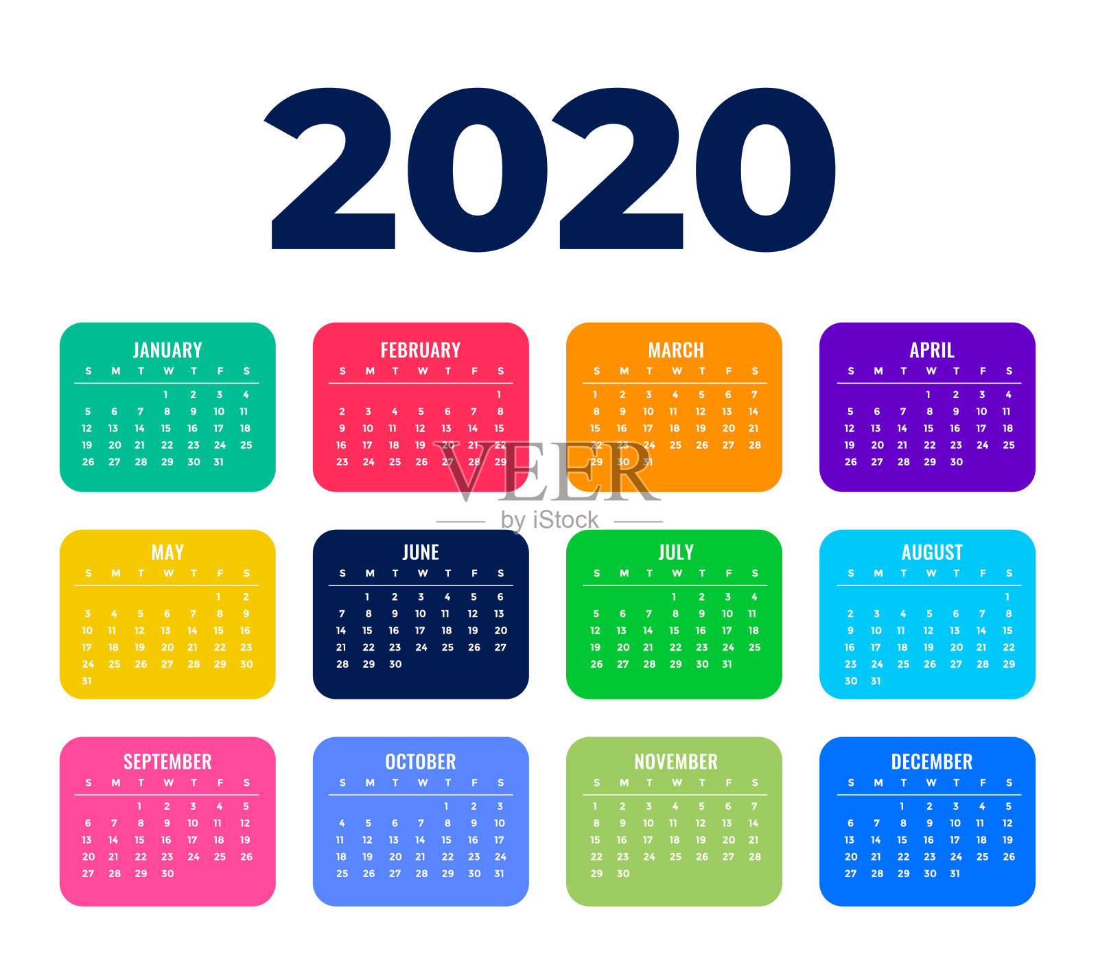 2020年新年日历模板整洁风格插画图片素材