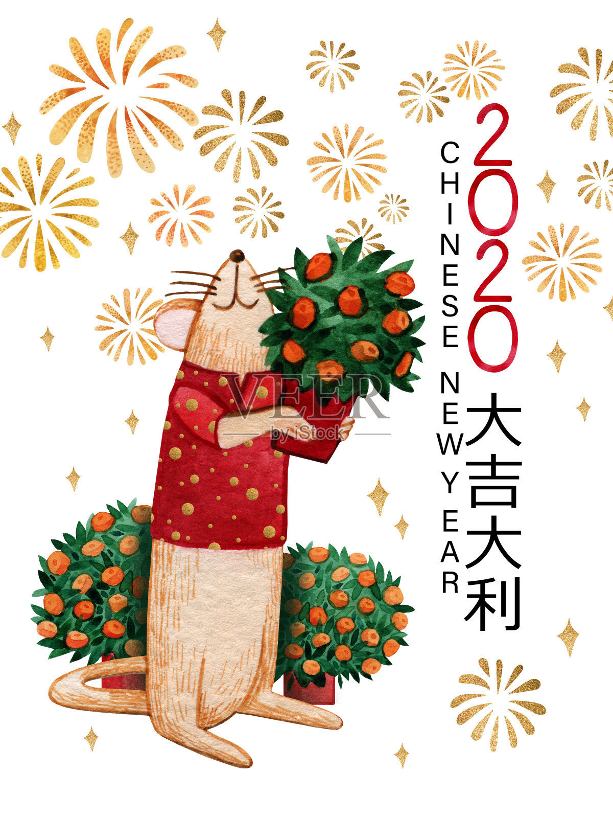 2020年中国新年的水彩画卡片，上面画着一个老鼠孩子。手画的老鼠穿着红衣服，手里拿着一棵橘子树。老鼠看着天空中金色的烟花。设计模板素材