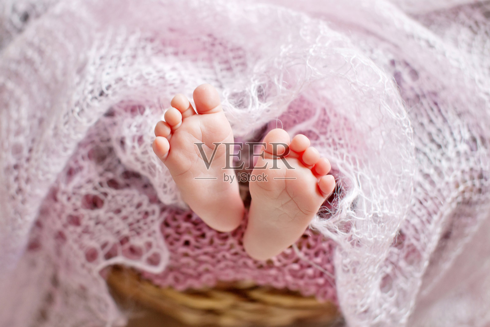 特写照片上的新出生的婴儿脚上的粉红色格子照片摄影图片