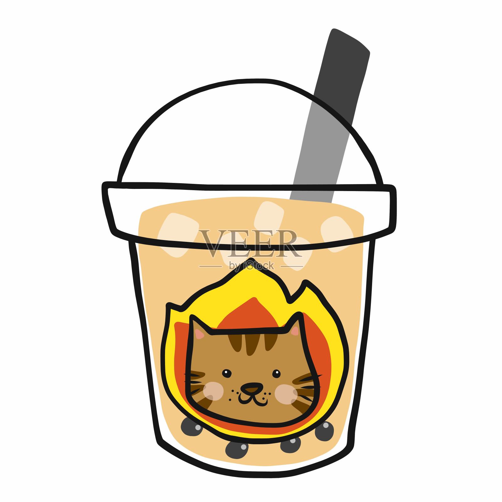 猫泡奶茶卡通矢量插画设计元素图片