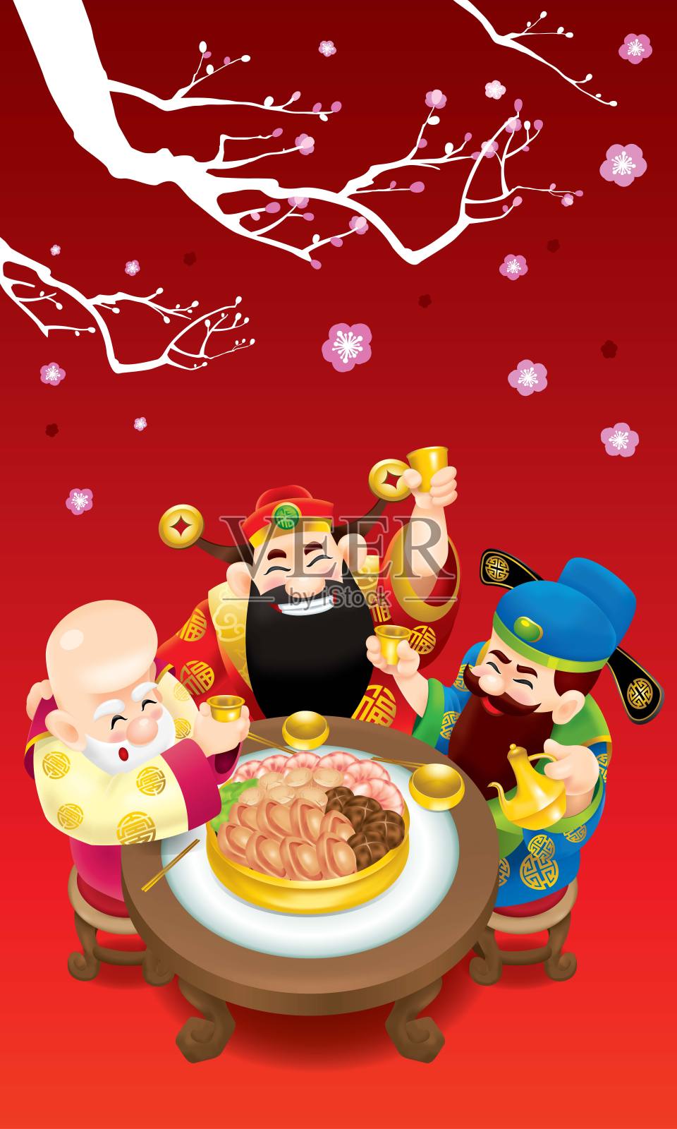 三位可爱的中国神(代表长寿、富有和事业)正在愉快地吃喝。插画图片素材