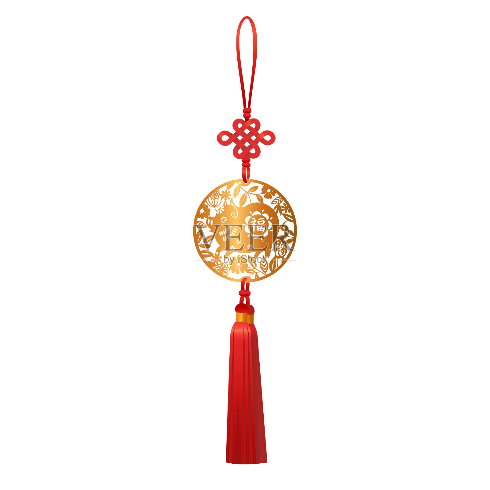 金吊坠，带有猪和幸运结。中国农历新年传统生肖象征2019剪纸圆设计。插画图片素材