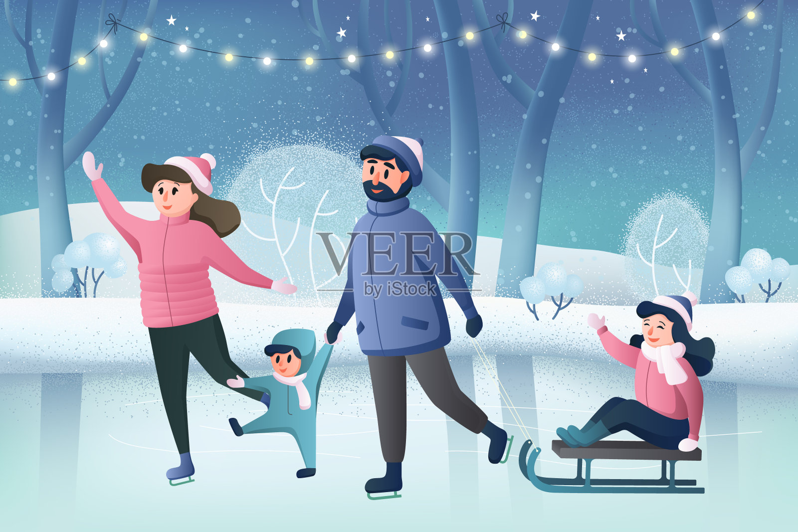 快乐的卡通人物，爸爸妈妈，和他们的孩子在冬季公园滑冰，圣诞快乐，新年快乐。父母和孩子们。家人一起散步。冬季家庭乐趣插画图片素材