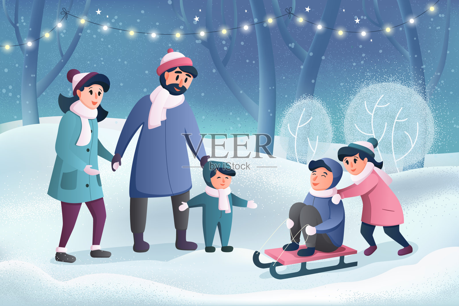 快乐的卡通人物，爸爸妈妈和孩子们在冬天的公园里玩耍，圣诞快乐，新年快乐。父母和孩子们。家人一起散步。冬季家庭乐趣假期卡插画图片素材