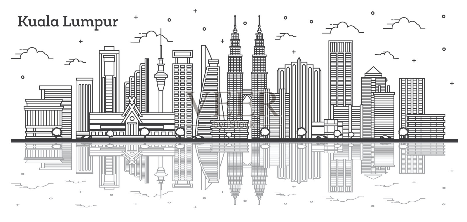 轮廓吉隆坡马来西亚城市天际线与现代建筑和反射孤立在白色。插画图片素材