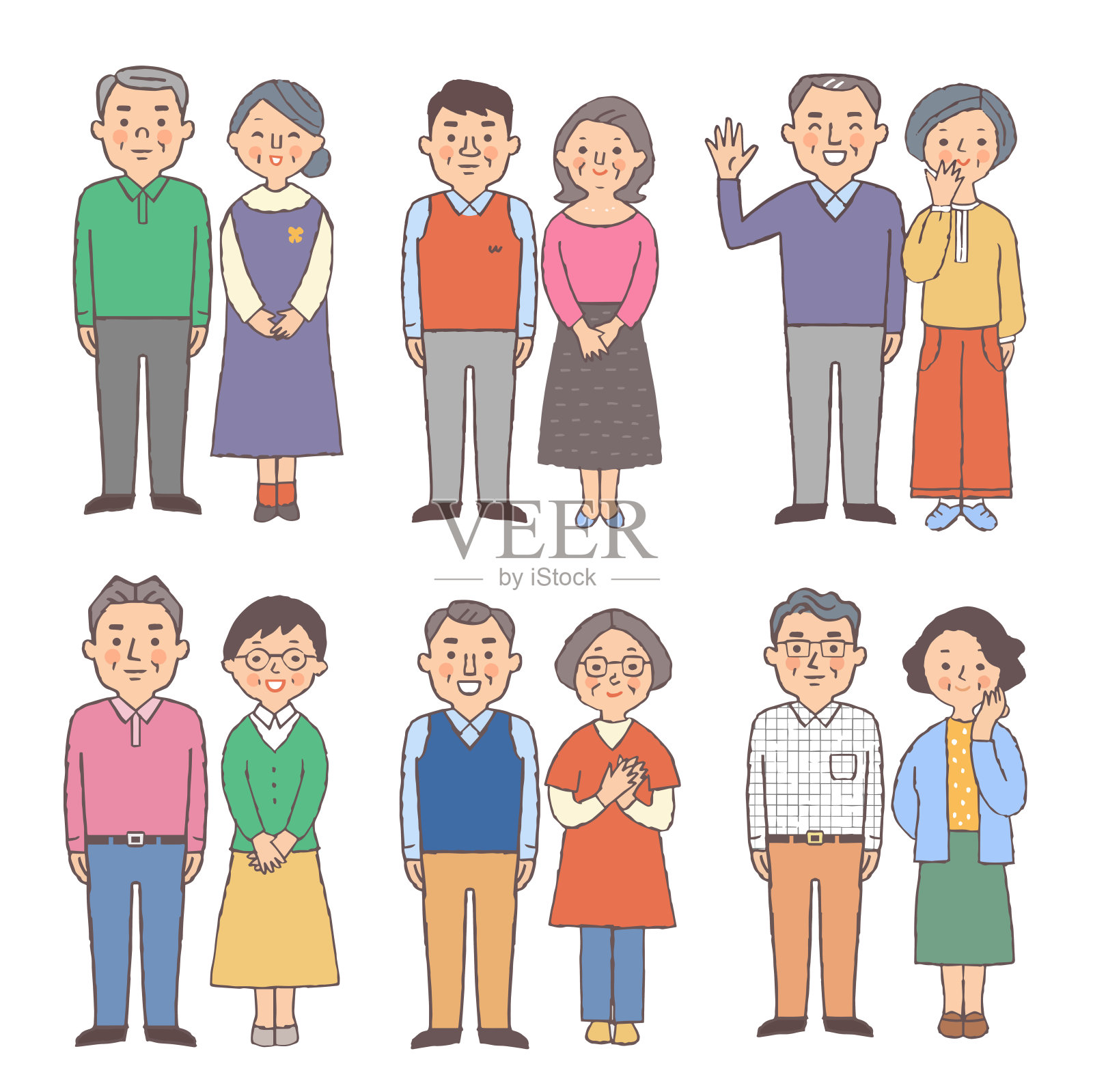 6对老年夫妇微笑着站在一起插画图片素材