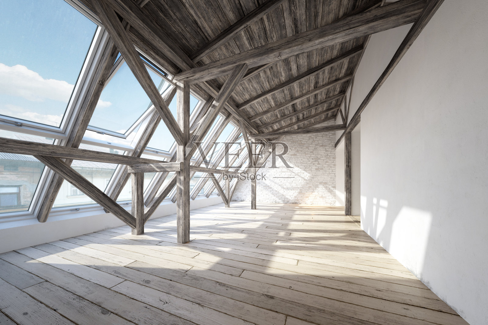 斯堪的纳维亚阁楼内部与木梁屋顶结构和木地板照片摄影图片