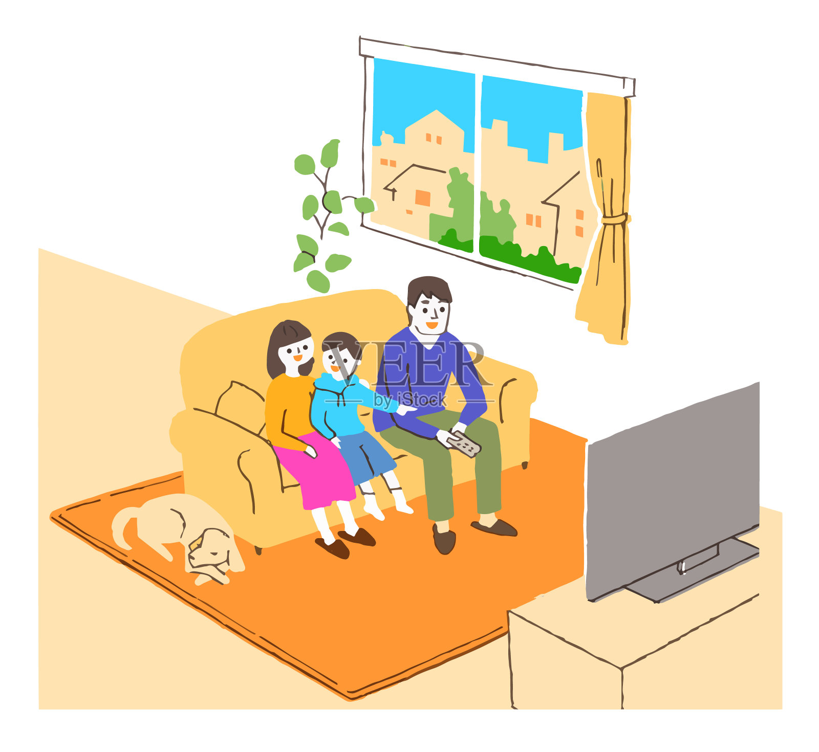 家人坐在沙发上看电视插画图片素材