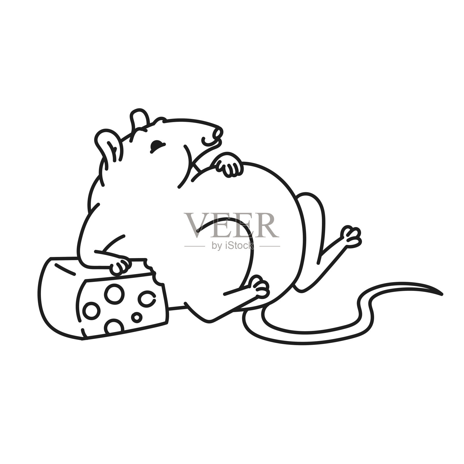 老鼠白色可爱的胖老鼠太多的奶酪。农历新年符号轮廓矢量卡通黑白孤立插图。插画图片素材
