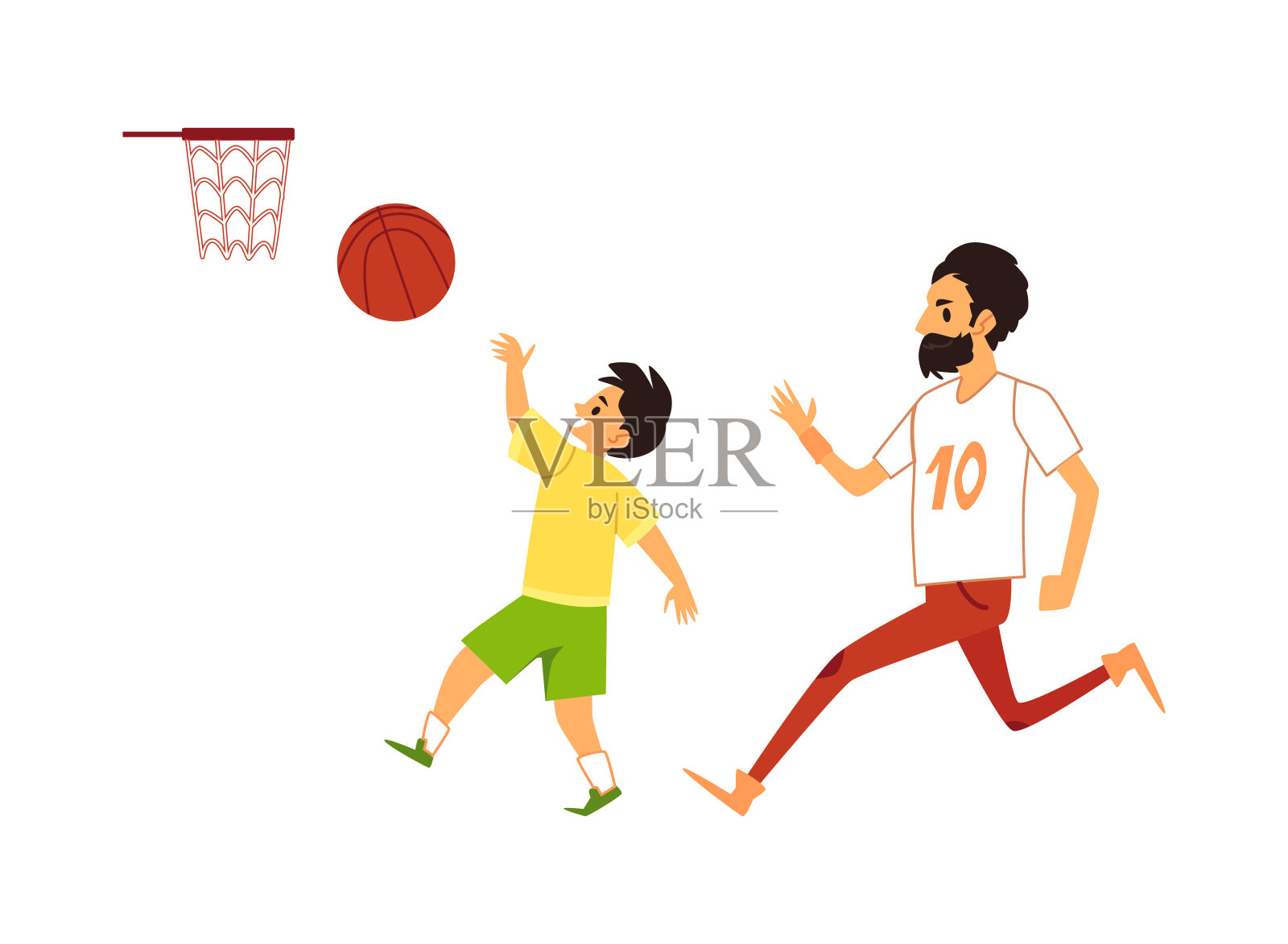 父亲和儿子打篮球平面矢量插图孤立的背景。插画图片素材