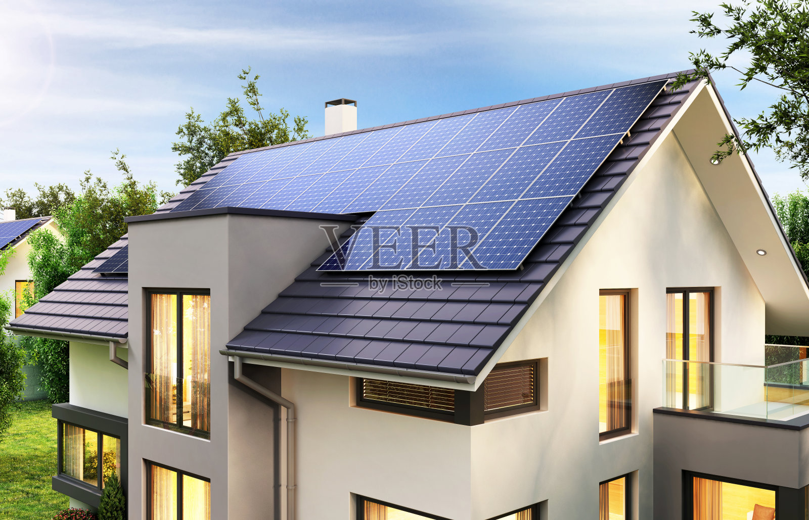 现代住宅屋顶上的太阳能电池板照片摄影图片