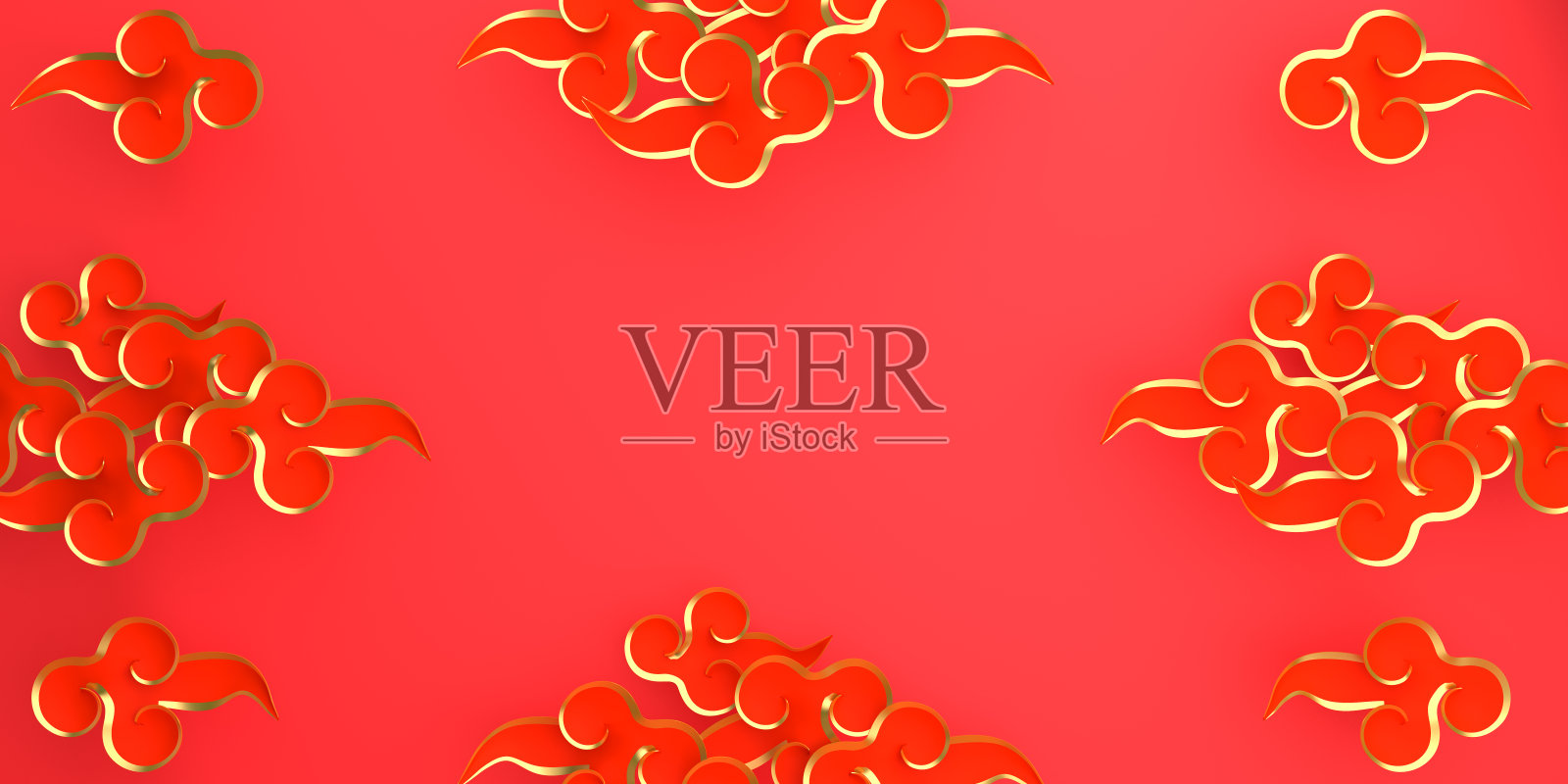 喜庆春节横幅，红色和金色传统中国云剪纸。中国节日庆典设计创意理念。3 d渲染插图。照片摄影图片