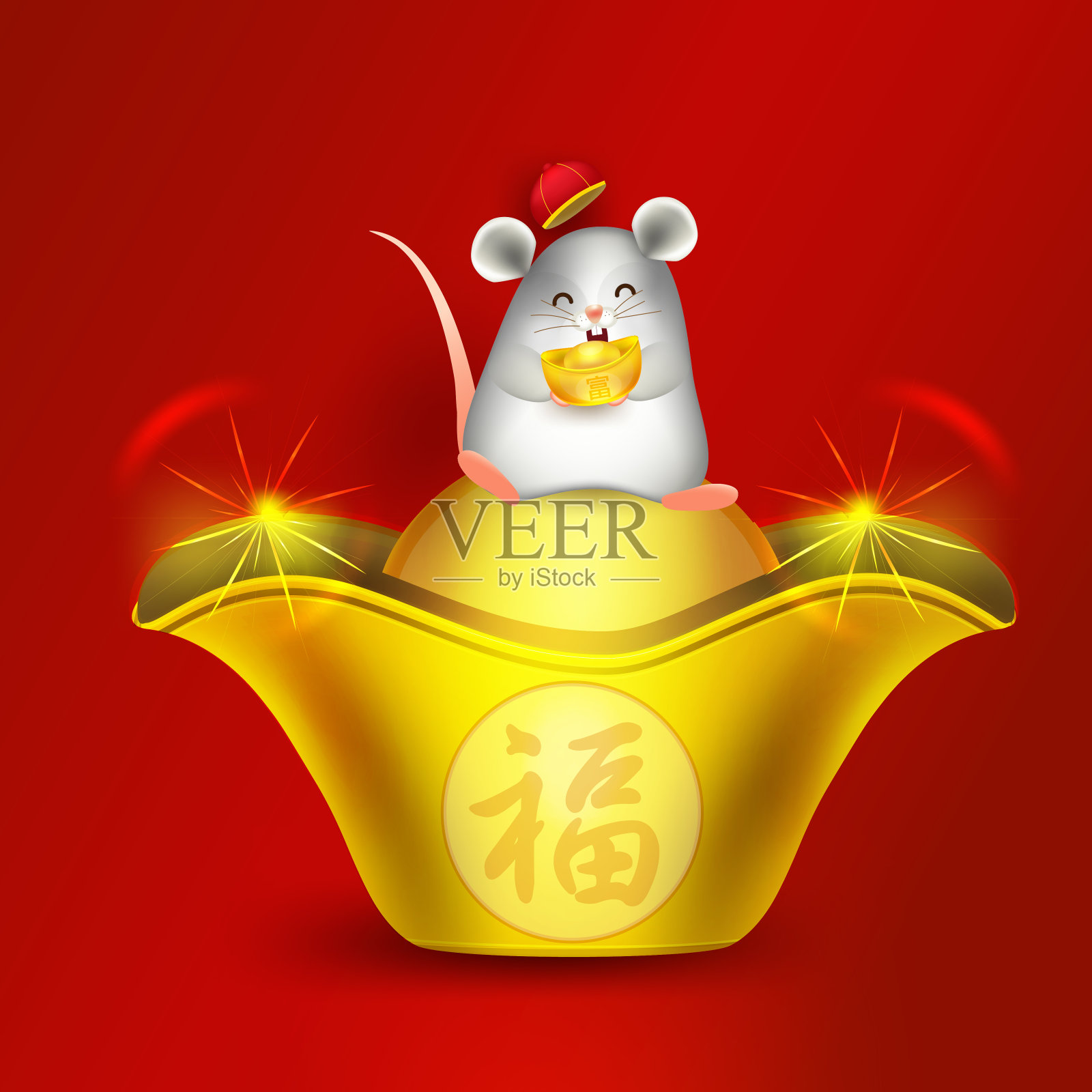 2020年中国新年元素吉祥字母和中国古钱币，吉祥水果桔子象征财富，鼠年，中文翻译“新年快乐”和“富有”插画图片素材