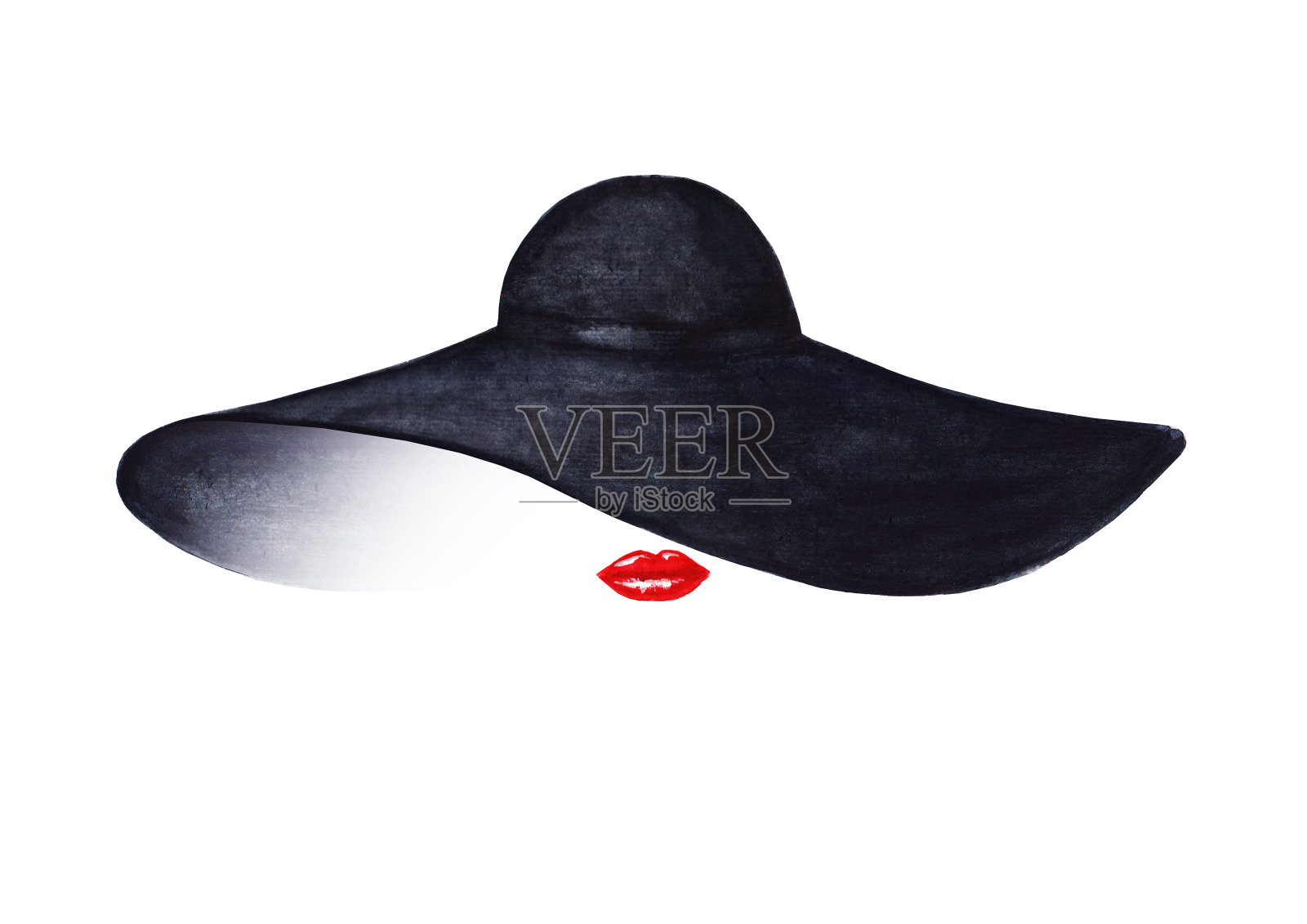 美丽的女人与红色的嘴唇和优雅的黑帽子孤立在白色的背景设计元素图片