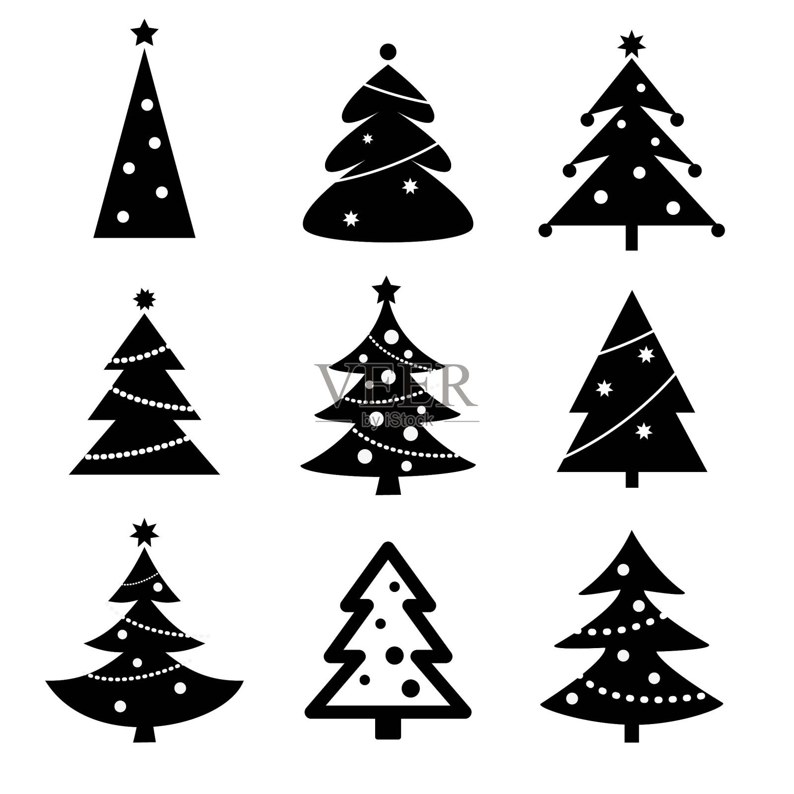 圣诞树向量图标设置，黑色和白色图标素材