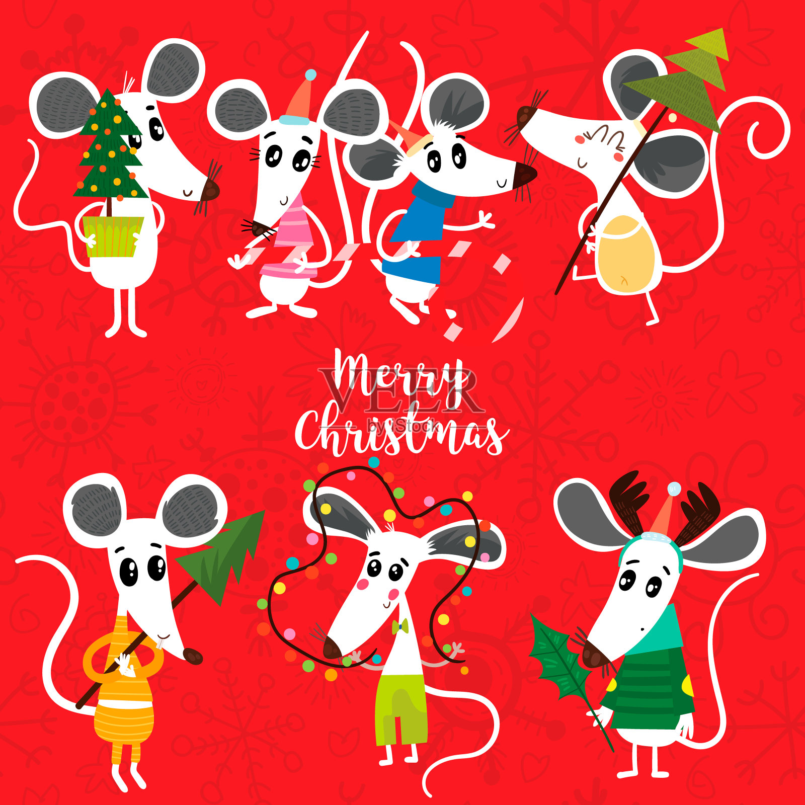 圣诞卡通老鼠收藏。冬季手绘一套可爱的象征2020年。新年老鼠和装饰品。插画图片素材