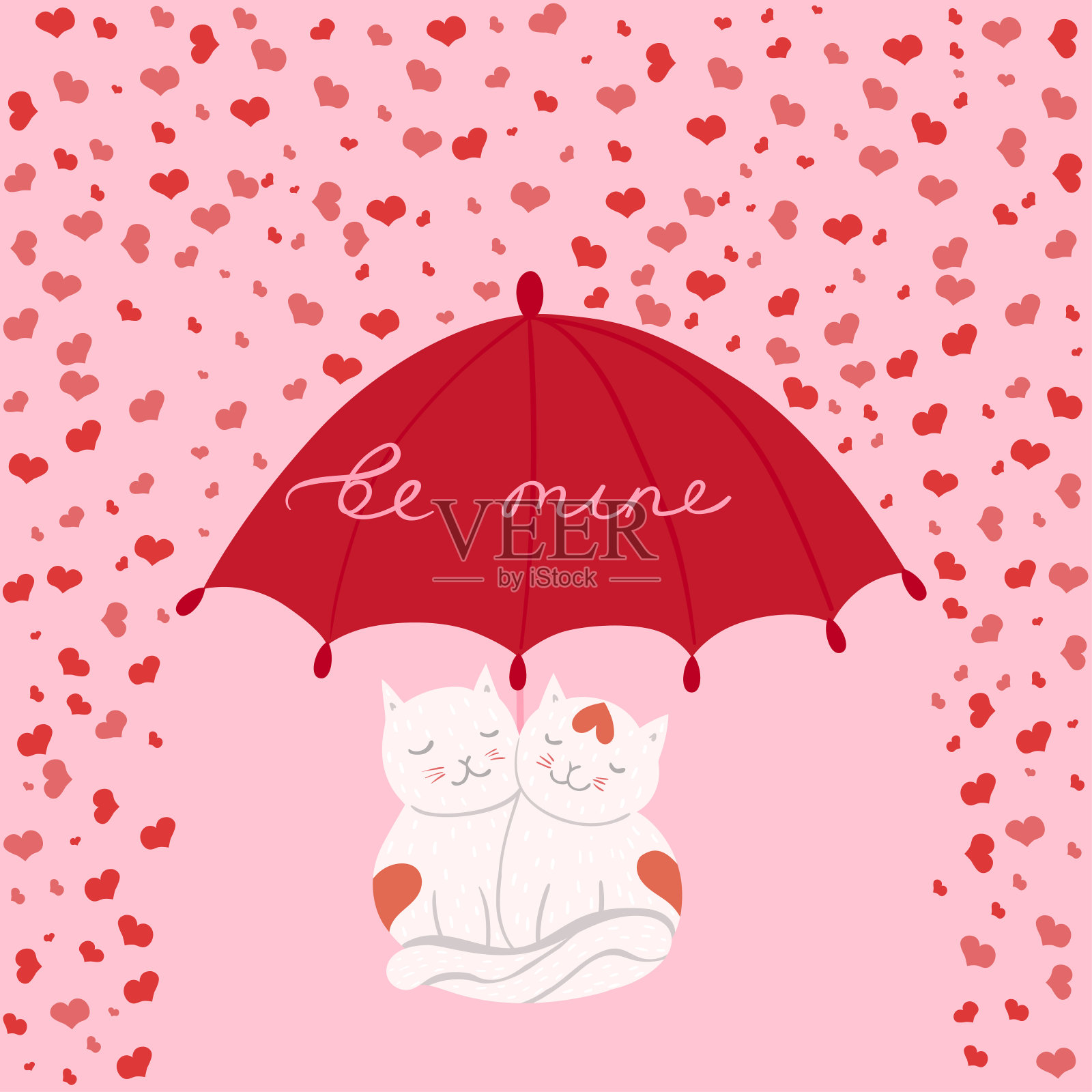 在伞下恋爱的猫。情人节贺卡。矢量图形。插画图片素材