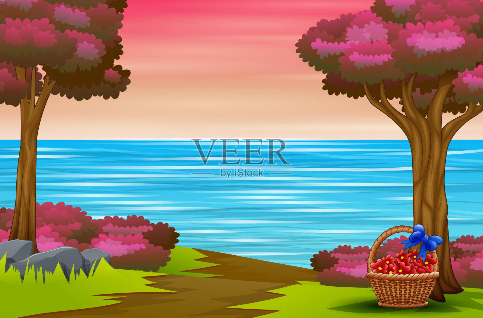 带红花的柳条篮子自然景观插画图片素材