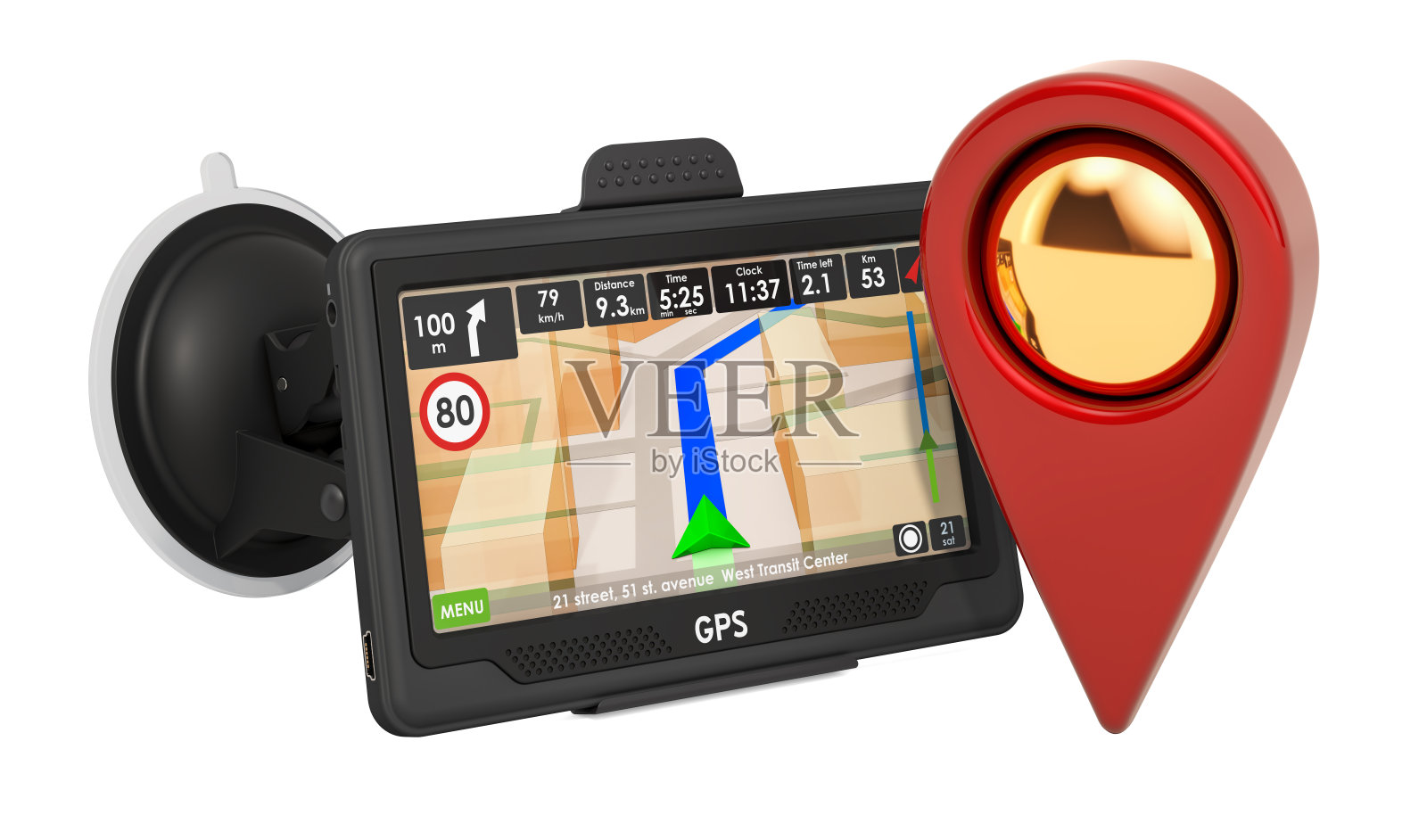 GPS导航设备与地图指针，3D渲染孤立在白色背景照片摄影图片