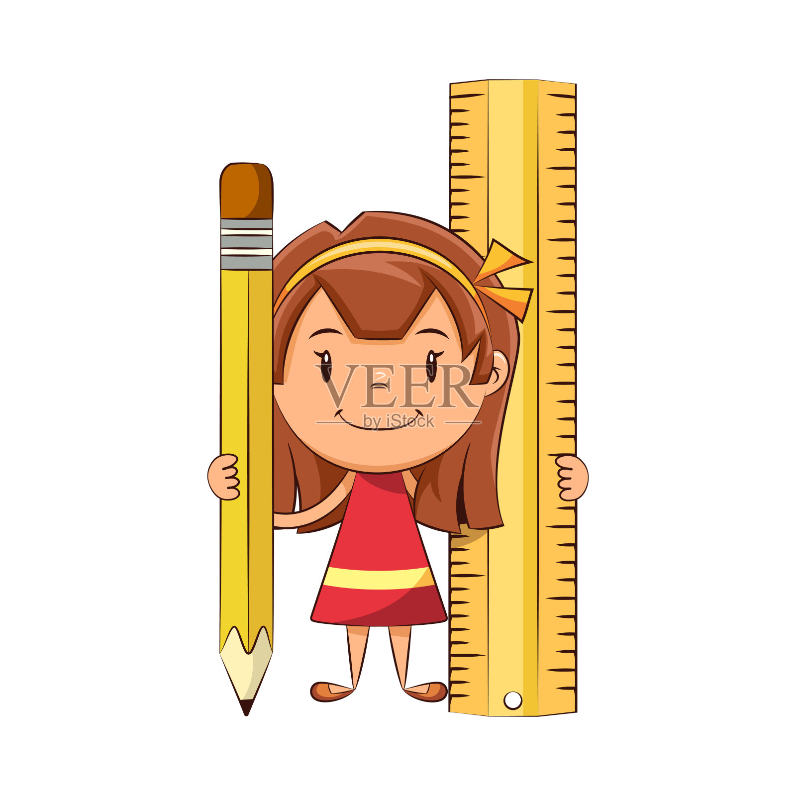女孩拿着大铅笔和尺子，快乐可爱的孩子设计元素图片